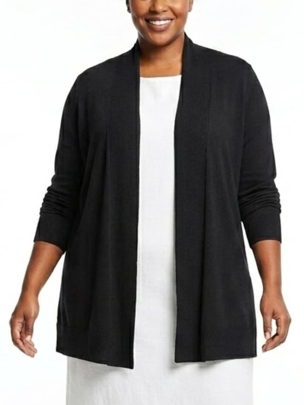 Liz Claiborne Goth Corp Cardigan 2X Black Open Front Duster Viscose Blend Knit